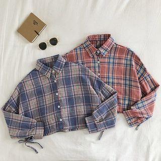 Color-block Plaid Lace-up Long-sleeve Blouse