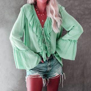 Long-sleeve Ruffle Blouse 8324-4 - Green - One Size