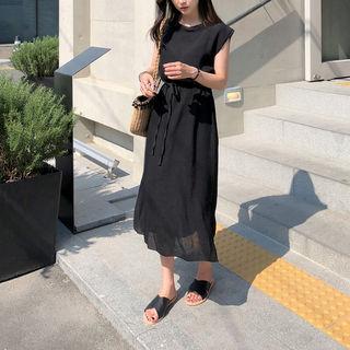 Mock-neck Slit-side Midi Dress With Sash