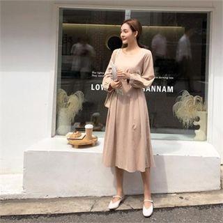 Round-neck Tie-waist Long Dress Beige - One Size
