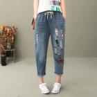 Fish Embroidered Distressed Cropped Harem Jeans Denim Blue - One Size
