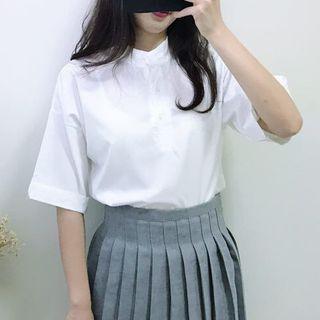 Elbow-sleeve Plain Shirt White - One Size