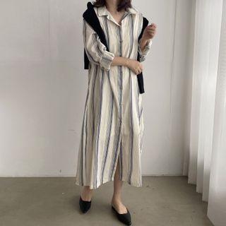 Long-sleeve Striped Midi Shift Shirtdress White - One Size