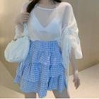Elbow-sleeve Drawstring Blouse / Gingham A-line Layered Skirt