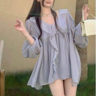 Balloon-sleeve Ruffled Chiffon Blouse With Camisole - Gray - One Size