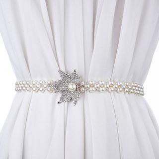 Faux Pearl Rhinestone Leaf Waist Belt