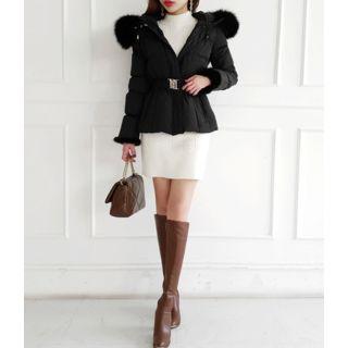 Hooded Faux-fur Trim Puffer Jacket With Belt