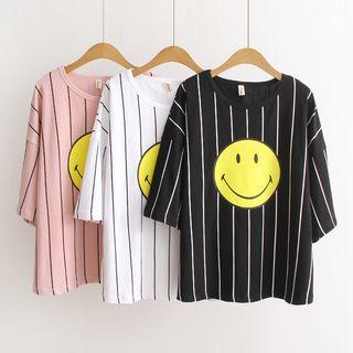 Smiley Face Striped Short Sleeve T-shirt