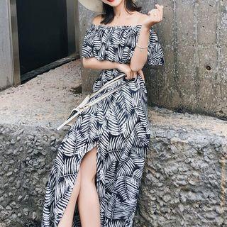 Frilled Short-sleeve Off-shoulder Leaf Print Dress