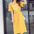 Lettering Short-sleeve Tie-waist Midi A-line Dress