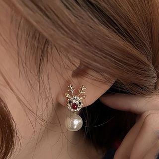 Christmas Deer Rhinestone Faux Pearl Asymmetrical Earring 1 Pair - Gold - One Size