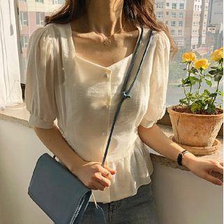 Puff-sleeve Square Neck Plain Button Ruffle Hem Linen Blouse