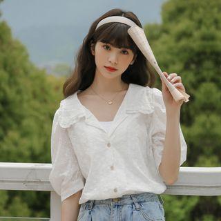 V Collar Puff-sleeved Top