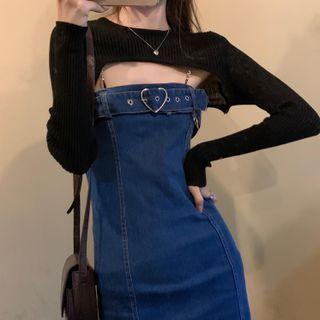 Long-sleeve Crop T-shirt / Spaghetti Strap Heart Buckled Denim Dress
