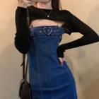 Long-sleeve Crop T-shirt / Spaghetti Strap Heart Buckled Denim Dress