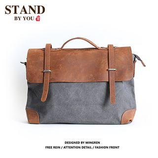 Genuine Leather & Canvas Satchel Crossbody Bag