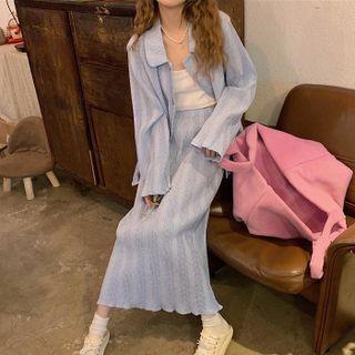 Set : Long-sleeve Peter Pan Collar Shirt Jacket + High-waist Semi Skirt As Shown In Figure - One Size