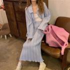 Set : Long-sleeve Peter Pan Collar Shirt Jacket + High-waist Semi Skirt As Shown In Figure - One Size