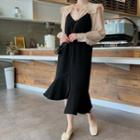 Plain Long-sleeve Loose-fit Blouse / Irregular Sleeveless Dress