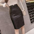 Faux Leather Belted Straight-fit Skirt