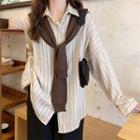 Long-sleeve Striped Loose-fit Shirt / Plain Shawl (various Designs)