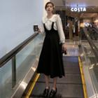 Long-sleeve Blouse / Midi A-line Suspender Skirt