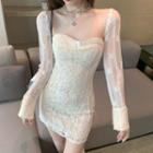 Long-sleeve Lace Mini Sheath Dress White - One Size