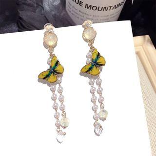 Faux Pearl Butterfly Fringed Earring 1 Pair - Steel Earrings - Yellow - One Size