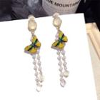 Faux Pearl Butterfly Fringed Earring 1 Pair - Steel Earrings - Yellow - One Size