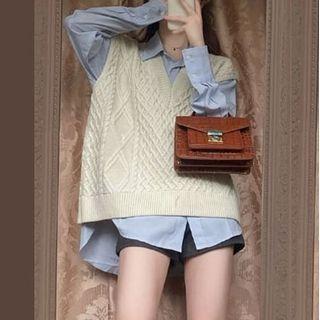 Plain Shirt / Cable-knit Sweater Vest / Shorts / Set