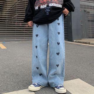 Sweetheart Patterned Straight-cut Jeans