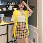 Knit Scarf / Elbow-sleeve Letter T-shirt / Mini Plaid Pencil Skirt
