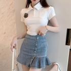 Short-sleeve Cropped Polo Shirt / Button-up Denim Mini Skirt