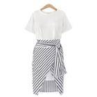 Set: Plain Short-sleeve T-shirt + Striped Skirt