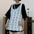 Set: Plain 3/4-sleeve T-shirt + Lace Camisole Top