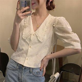 Elbow-sleeve Cropped Blouse Almond - One Size
