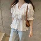 Short-sleeve Collared Frill Trim Blouse