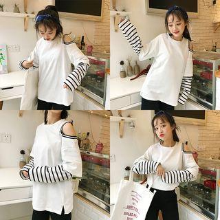 Mock Two-piece Long-sleeve Cutout T-shirt