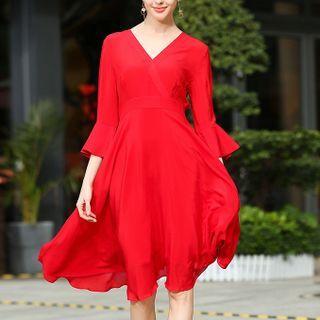 3/4-sleeve V-neck Plain Midi A-line Dress