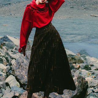 Set: Turtleneck Tasseled Knit Top + Printed Maxi A-line Skirt
