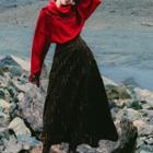 Set: Turtleneck Tasseled Knit Top + Printed Maxi A-line Skirt