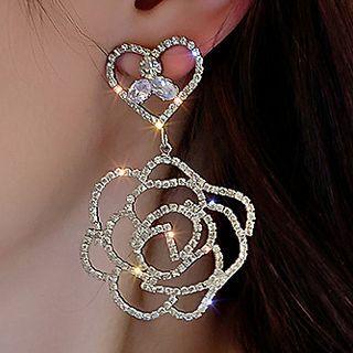 Flower Rhinestone Dangle Earring 1 Pair - Silver Needle - Silver - One Size