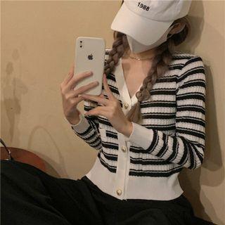 V-neck Striped Button-up Knit Cardigan Black & White - One Size