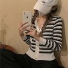 V-neck Striped Button-up Knit Cardigan Black & White - One Size