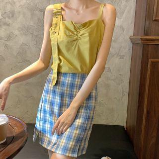 Strapped Camisole Top / Plaid Midi A-line Skirt