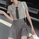 Cropped Knit Top With Tie / Pleated Mini Skirt