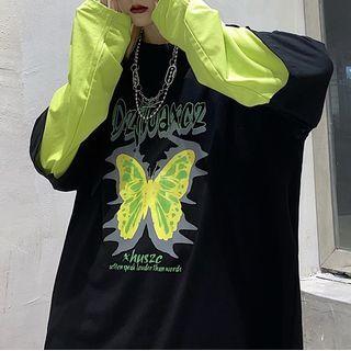 Long-sleeve Mock Two-piece Butterfly Print T-shirt