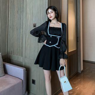 Set: Square-neck Contrast Trim Blouse + A-line Skirt
