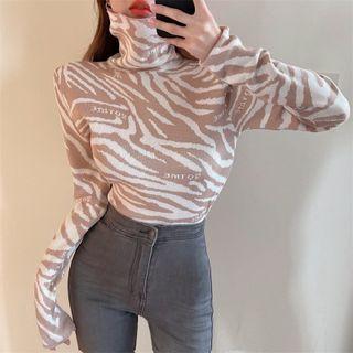 Turtleneck Zebra Print Knit Top