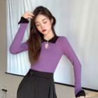 Cutout Knit Top Purple & Black - One Size